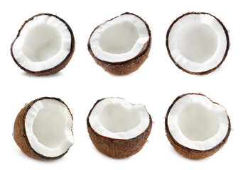 Set with halves of fresh ripe coconuts on white background