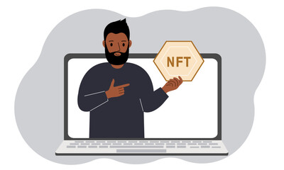 NFT concept. A laptop in which a man with the image of NFT in the palm of his hand. Auction of non-fungible tokens, markets, online education.