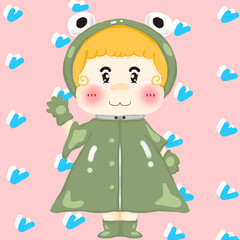 girl wearing a frog pattern raincoat