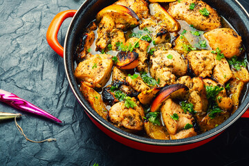 Chicken meat baked with orange.