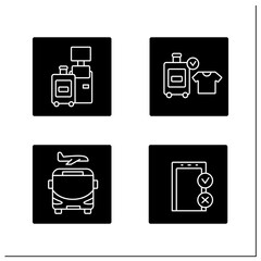Airport terminal glyph icons set. Self-check-in, baggage registration, shuttle, gate.Transfer services concept. Filled flat signs. Isolated silhouette vector illustrations