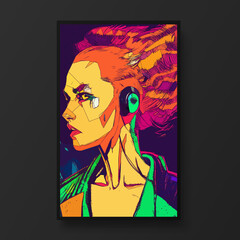 Cyberpunk woman portrait.  Woman beauty fashion concept, minimalistic style. Trendy modern illustration for poster, banner, cover.