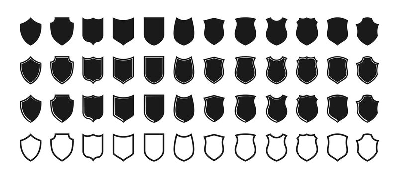 A set of vector shield icons in different styles. Black insulated shields on a white background