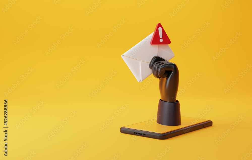 Poster hacker's hand holding envelope with spam message icon on mobile