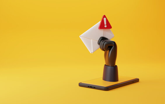 Hacker's hand holding envelope with spam message icon on mobile