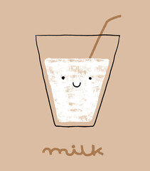 Glass of Milk. Cute Nursery Vector Illustration with HAnd Drawn Kawaii Style Happy Glass of Milk on a Light Brown Background. Happy Food Print.