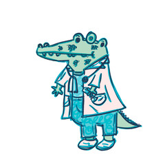 Cute alligator doctor, hand draw with transperent backgound. Element for decoration.