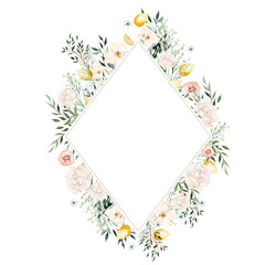 Watercolor card with citrus and leaves, different flowers. Illustration