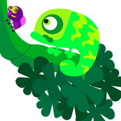 Chameleon, cricket insect. Fun children vector illustration.