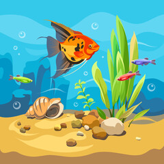 Vector ocean world. Exotic seascape with fish, seaweeds and seashells. Colorful background for your design. Illustration of underwater life.