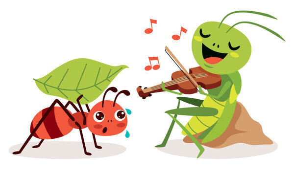 Cartoon Illustration Of  Grasshopper And Ant