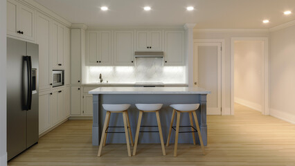 3d rendering of an interior with a white kitchen. 