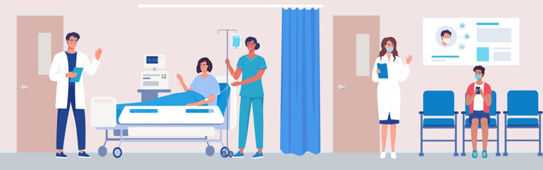 A doctors and a nurse treat young patients in а modern hospital. Medical workers characters design illustration