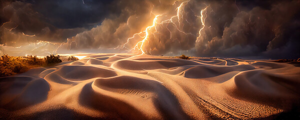 Dramatic sand storm in desert, thunderstorm, lightning. Abstract background. Digital art. - obrazy, fototapety, plakaty