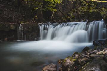 Famous Satiny waterfalls. Breathtaking, untouched nature around the water flowing down cascades creating mini waterfalls. Beskydy mountains, Czech republic, Central europe. Without human intervention