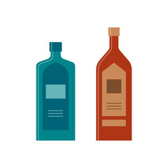 Bottle of whiskey and gin, great design for any purposes. Flat style. Color form. Party drink concept. Simple image shape