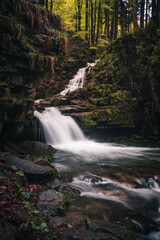 Famous Satiny waterfalls. Breathtaking, untouched nature around the water flowing down cascades creating mini waterfalls. Beskydy mountains, Czech republic, Central europe. Without human intervention