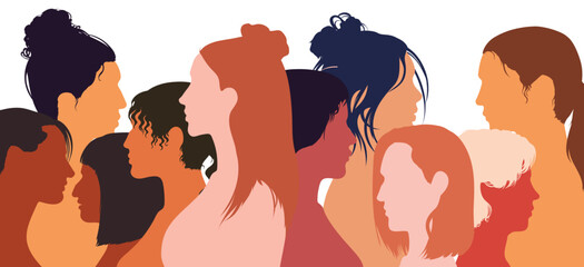 The concept of racial equality. Communication between women. A group of diverse and multicultural women. Share and talk. Flat cartoon vector illustration.