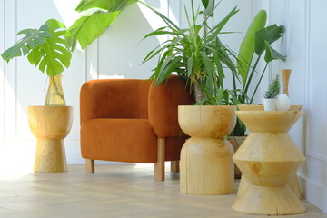 Orange armchair among houseplants in the corner of the living room