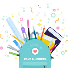 Welcome back to school square banner. Colorful school supplies coming out of a backpack. Concept of education. Vector illustration, flat design