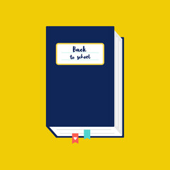 Back to school square banner. Closed book with sticker on the cover. Concept of education, knowledge, imagination. Vector illustration, flat design