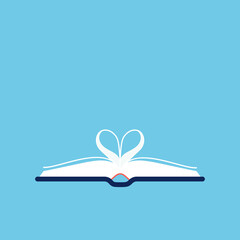 Open book with heart shaped center pages. Concept of book lover, knowledge, literature passion, love for reading. Blue background. Vector illustration, flat design