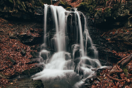 Frosty Waterfall Tosanovsky In Autumn Colours In A Beautiful Unforgiving Part Of The Beskydy Mountains In Eastern Czech Republic, Central Europe