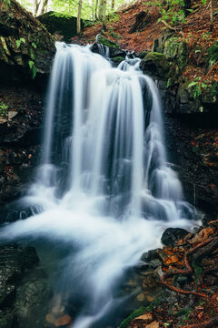 Frosty Waterfall Tosanovsky In Autumn Colours In A Beautiful Unforgiving Part Of The Beskydy Mountains In Eastern Czech Republic, Central Europe