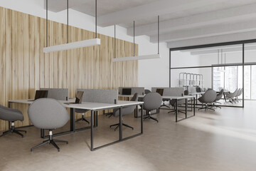 Corner view on bright office interior with panoramic windows