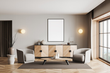 Chill room interior with chairs and drawer, window and mockup frame