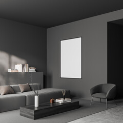 Corner view on dark living room interior with white poster