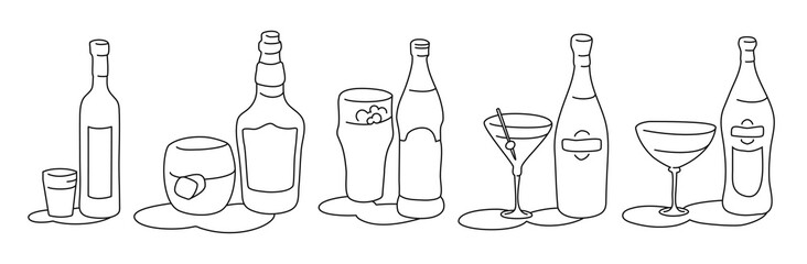 Vodka whiskey beer martini vermouth bottle and glass outline icon on white background. Black white cartoon sketch graphic design. Doodle style. Hand drawn image. Party drinks concept. Freehand drawing