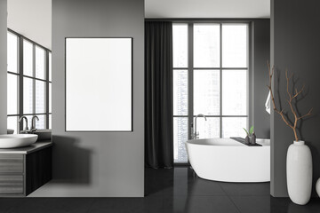 Fototapeta na wymiar Grey bathroom interior with tub and sink, panoramic window. Mock up frame