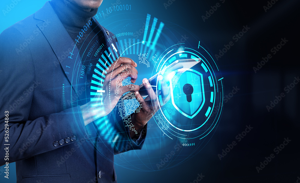Poster african businessman using phone, cybersecurity hologram and shield with binary