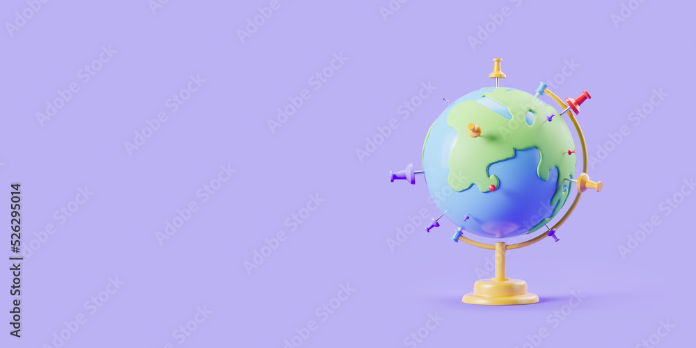 Wall mural earth globe with pins on purple background, concept of tourism. copy space