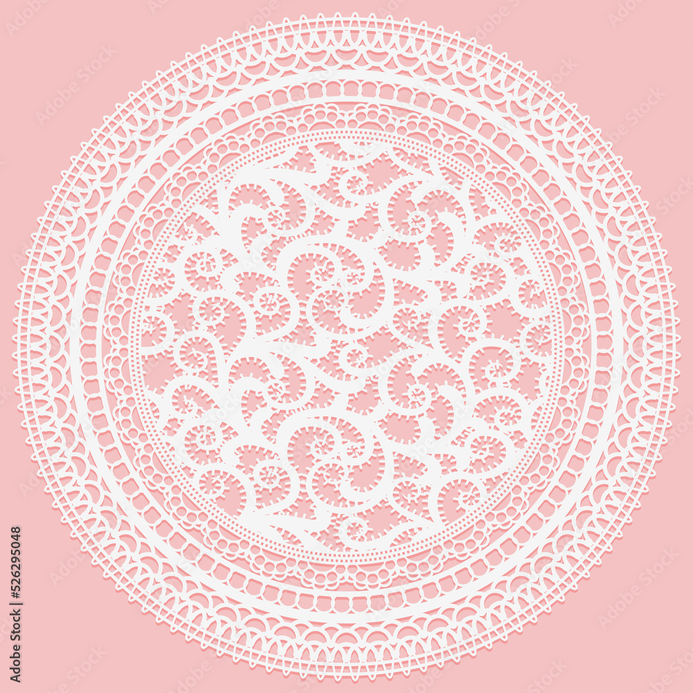 Wall mural Openwork white napkin. Cute Lace doily frame round element on pink background.