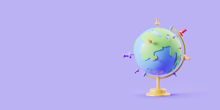 Earth globe with pins on purple background, concept of tourism. Copy space
