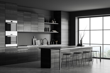 Grey kitchen interior with bar island and seats, shelves and kitchenware