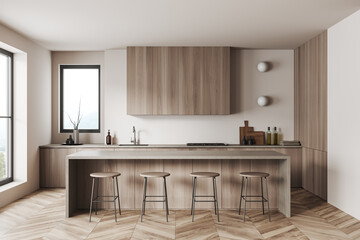 Wooden kitchen interior with island and chairs, kitchenware and window