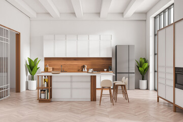 Stylish kitchen interior with bar island and seats, shelves and kitchenware