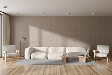 Stylish lounge room interior with couch and chairs, coffee table. Empty wall