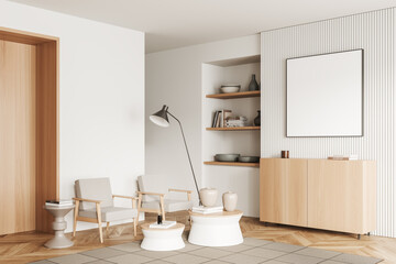 Light chill room interior with seats and shelf, decoration and mockup frame