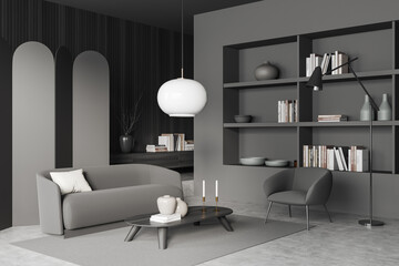 Grey relax interior with couch and chair, shelf and drawer with decoration