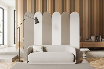 Light relax room interior with couch and decoration, panoramic window