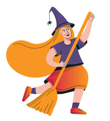 Girl in witch costume. Cute halloween witch with broom