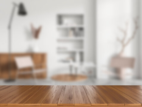 Wooden table on background of relax area with modern furniture. Mockup