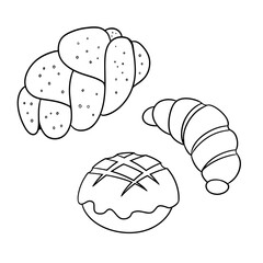 Monochrome set of icons, braided sweet buns sprinkled with sugar and poppy seeds, vector cartoon