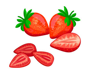Dried strawberries and fresh strawberries isolated on a white background.Vector illustration of tasty fruits in cartoon style.Dried strawberry  icon.Set of fresh and dried strawberries. Design element