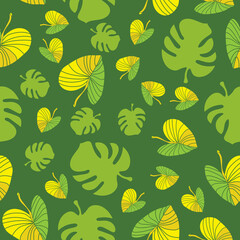 Vector green monstera alocasia leaves seamless pattern background. Suitable for fabrics, giftwrapping, wallpaper and scrapbooking projects.