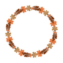Autumn round frame with different leaves and rowan berries